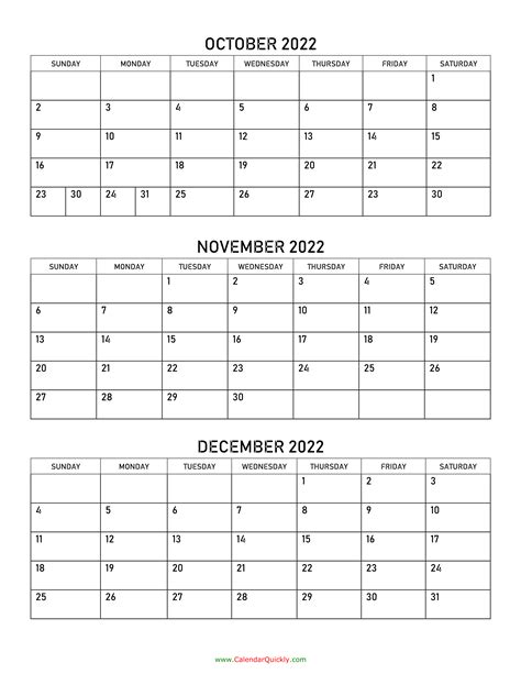 October To December Calendar